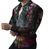 남자 캐주얼 셔츠 남자 라펠 긴 소매 버튼 버튼 3D 인쇄 동물 호랑이 셔츠 야외 편안한 스포츠 패션 디자이너
