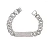 Bangle Silver Color Iced Out Bling Micro Pave Armband White CZ Bar Charm Curb Miami Cubann Link Chain Hip Hop Women