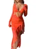 カジュアルドレス女性セクシーなシアーメッシュスルーフリルチューブドレス3Dフローラルタッセルハイスプリットストラップレスボディコンマキシロングオレンジ