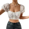 Débardeurs pour femmes StylishYoung Femmes Manches courtes bouffantes Floral Crop Tops Col carré Hook And Eye Front T-Shirts Corset (Orange White S)