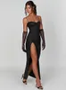 Casual Jurken Sexy Vrouw Formele Jurk 2023 Elegante Spaghetti Band Ruglooze Hoge Taille Split Bodycon Glanzende Lange Feestavond Handschoenen