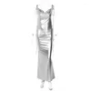 Robes Décontractées De Luxe Femmes 2023 Slip Robe Sexy Élégant À Lacets Taille Haute Dos Nu Bandage Moulante Longue Formelle Fête De Mariage Argent