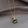 Pendant Necklaces 18K Real Gold Plated Flower Jade Necklace Stainless Steel Lip Chain Round Natural Agate Lucky