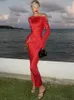 Casual Dresses Red Long Sleeve Maxi Dress Women Sexy Cut Out Lace Up Elegant Evening Party 2023 Spring O-neck Bodycon Vestidos