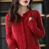 Malha Feminina Moda Feminina Twist Elegante Quente Tricô Cardigã Pura Lã Gola Redonda Outono e Inverno Casaco Solto Versátil