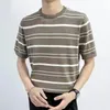 Men's T Shirts Trend Casual O-Neck Knitting T-shirts Spring Summer Knit Tshirt Men Fashion Color Stripe Slim Fit Tees Tops Ice Silk Clothing