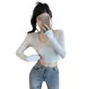 Kvinnors T-skjortor Autumn Winter Women Long Sleeve V Neck Sexig T-shirts stor storlek Elastisk smal passform Short Tops Shoulder Pad Solid Bottoming