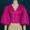 Kvinnors T-skjortor V-ringning Lantern Sleeve Button Cardigan Slim Short Rose Red Party