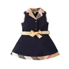 Baby Girls Plaid Dresses Cotton Newborn Sleeveless Vest Dress With Bowknot Turn-Down Collar Infant Princess Dresses Toddler Skirts Girl Skirt 0-24m