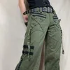 Kvinnor Pants Capris Kvinnor Pants Gothic Punk Baggy Vintage Kawaii byxor Bandage Låg midja Cargo Pants Grunge Green dragkedja Jeans Korea Sweatpants 230615