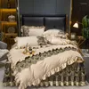 Ensembles de literie De Luxe Champagne Or Ensemble Jacquard Coton Dentelle Broderie Housse De Couette Couvre-lit Matelassé Volants Lit Jupe Taies D'oreiller