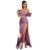 Purple Off Shoulder Evening Dresses Pleats Satin Sequins Beaded Mermaid Prom Formal Gowns For Women Arabic Aso Ebi Sexy Split Special Occasion Dress Plus Size