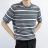 Men's T Shirts Trend Casual O-Neck Knitting T-shirts Spring Summer Knit Tshirt Men Fashion Color Stripe Slim Fit Tees Tops Ice Silk Clothing