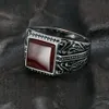 Solitaire Ring 925 Sterling Silver Rings Mens Vintage Flower Engraved Black Green Red Natural Onyx Stone Square Shape Punk Turkey Jewelry 230616