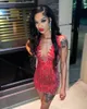 Red Sparkly Gillter Mini Evening Party Dresses Heavy Beaded Sheer Mesh Black Girl Short Prom Birthday Occasion Gown