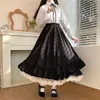 Skirts Japanese Solid Color Double Layer Vintage French Ruffled A-Line Pleated Skirt Hepburn Black Half Skirt Female White Long Skirt 230615