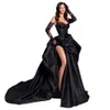 Moda czarne satynowe sukienki wieczorowe pic-upy asymetryczna celebrytka suknia uda rozłam spódniczka spódnica specjalna sukienka