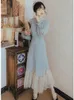 Casual Dresses Retro broderad stativkrage Spring Net Yarn Patchwork Exquisite Robe Kvinnlig Sexig elegant Midi -klänning