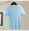 T-shirt da donna T-shirt a maniche corte in pizzo arricciato T-shirt in seta color ghiaccio puro T-shirt estiva in maglia con perline diamantate T-shirt