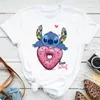 Camisetas masculinas Stitch Shirt Feminina Gráfico Verão Branco Manga Curta Tops Kawaii Desenhos Animados Roupas Femininas