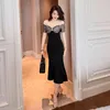 Feestjurken 2024 Luxe formele dames verbandjurk elegant patchwork slanke zeemeermin Franse o-neck strapless wrap hip bodycon