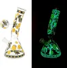 8 inch Glass Water Bong Tobacco Pipe Glow in Dark Yellow Bee Sticker Beaker with 14mm Male Downstem Bowl