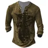 Men's T Shirts Long Sleeve T-shirt For Men Cothing 3D Ship Print Henley Shirt Vintage Cotton Men's Oversized Tee Man Tops