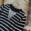 Women's Sweaters 2023 Spring Brand Black White Stripe Knit Shirt Ruffler Beads Pullover Open Back Chic Elegant Women Long Sleeve