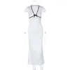 Robes décontractées mode femme robe blanche Streetwear 2023 été Sexy col en v à manches courtes taille haute moulante mi-mollet bureau