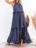 Basic Casual Dresses Foridol Ruffles Navy Blue A-line Loose Casual Maxi Long Summer Women Dress Halter Sleeveless Robe Party Vestidos 230615