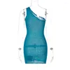 Sukienki swobodne moda kobieta jedno ramię w pakiet bez rękawów sukienka z dzianiną 2023 Summer Diagonal Collar Bodycon Blue Party Club Short