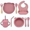 Tassen, Geschirr, Utensilien, 5/7/9-teiliges Baby-Fütterungsgeschirr-Set, Baby-weiches Silikon-Lätzchen, Saugnapf, Schüssel, Löffel, Gabel, Set, rutschfestes Kindergeschirr 230615