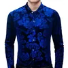 Mäns casual skjortor Royal Blue Velvet Velor Shirt Men 2023 Spring Slim Fit Long Sleeve Mens Floral Dress Button Down Chemise