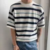 Men's T Shirts Trend Casual O-Neck Knitting T-shirts Spring Summer Knit Tshirt Men Fashion Color Stripe Slim Fit Tees Tops Ice Silk Clothing
