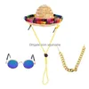 Abbigliamento per cani 3 pezzi Mini Sombrero Cappelli messicani Occhiali da sole classici per animali domestici Catena d'oro regolabile Drop Delivery Home Garden Supplies Dh2Lo