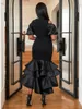 Casual Kleider Elegante Frauen V-ausschnitt Puff Sleeve Rüschen Formale Cocktailkleid Weibliche Mode Schwarz Aushöhlen Bodycon Abend Party Prom