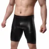 Calzoncillos Ropa interior sexy Hombres Boxers Shorts Cuecas Negro Faux Leather U Convex Pouch Cintura media Pierna larga Calzoncillos M-XXL