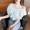 Damesblouses Sexy off-shoulderblouse Dames Slash Neck Ruches Crop Tops Kriskras V Lace-up Korte mouw Sweet Ladies Shirts Blusas