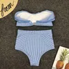 Women's Swimwear Sexy Ruffled Bikini 2023 Bandeau Women Strapless Striped Swimsuit High Waist Set Swimming For Bathing Suit