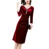 Casual Dresses Autumn 4xl Gold Velvet Midi Winter Solid Vintage Long Sleeve Women Elegant BodyCon Party Evening Vestidos E778