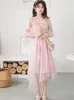 Robes décontractées rose en mousseline de soie français élégant robe femmes Dot doux fête Midi femme mode coréenne irrégulière casual Vintage été