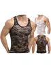 Regata masculina Masculina Sexy Mesh Transparente Renda Camiseta Floral Sem Mangas Colete Muscular Slim Fit Camiseta Clubwear (Preto M)