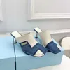 Весна/лето новая джинсовая сплайс-квадрат головы Baotou High Heel Half Trailer Thin Thin Muller Sandal Slippers 0621-23-222