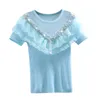 T-shirt da donna T-shirt a maniche corte in pizzo arricciato T-shirt in seta color ghiaccio puro T-shirt estiva in maglia con perline diamantate T-shirt