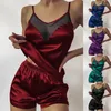 Damen-Trainingsanzüge, Zabrina, Satin, 2-teiliges Outfit für Frauen, sexy, solides Leibchen, ärmelloses Mesh-Spitze, tiefes V-Top und kurze Hosen, Set Clubwear