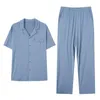 メンズスリープウェア2023春の夏の男性カジュアルパジャマセットオスの竹繊維スーツ半袖ターンダウンカラーシャツパンツ