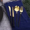 Dinnerware Sets 1216 Pcs Black Gold Cutlery Set Chopsticks Knife Fork Spoon Golden Stainless Steel Korean Luxury Tableware 230615