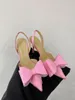 Klädskor sexig elegant slingback bow satin sandaler dam pekade tå rosa rhinestone design kvinnor tunn hög häl