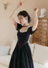 Party Dresses Summer Elegant Vintage Black Dress Woman Chic Design Retro Embroidery Flower Puff Sleeve Bandage Princess Vestido Negro