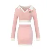 Robes de travail Sweet Girl Mode Rose Costume Femmes Vison Court Polo Col Haut Taille Haute Wrap Hanche Jupe Deux Pièces Ensemble Vêtements Féminins